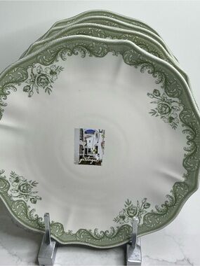 4 Matceramica Stoneware Dinner Plates Green Rose Scalloped 11” Portugal New